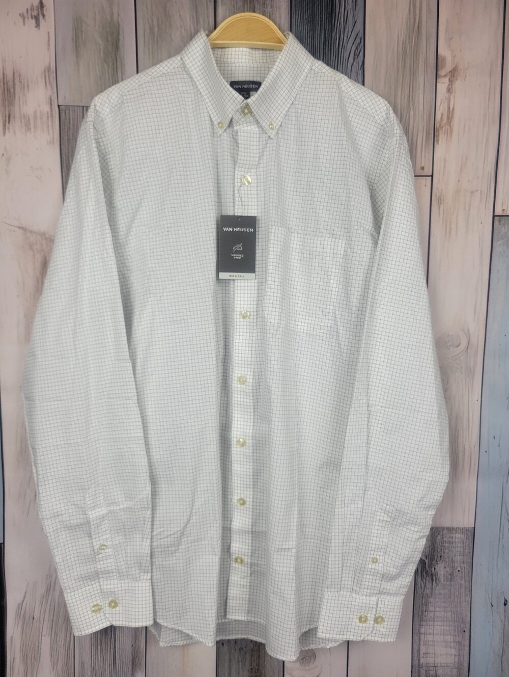 Van Heusen Big And Tall White Black Grid Print Buttondown Long Sleeve Shirt LgT